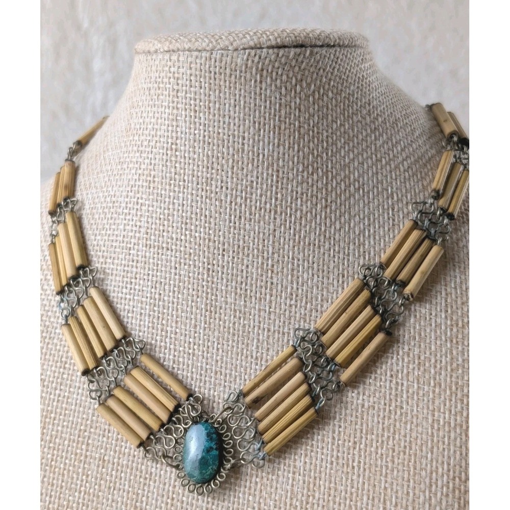 Boho Tribal Bamboo Bead Necklace Turquoise Stone Silver‎ Tone Statement